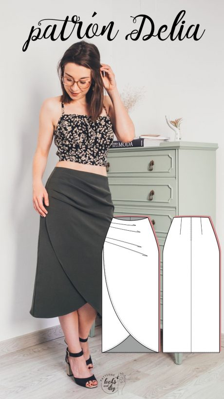 Patrón falda cruzada drapeada asimetrica midi - falda tulipan